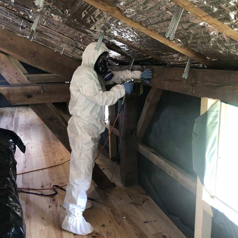 Technicien BDX Termites Villenave-d’Ornon en combinaison de protection traitant une poutre de charpente
